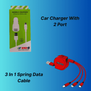 Combo Of 2 Port Car Charger & Usb Cable With 3 In 1 Spring Data Cable