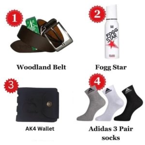 Combo :- Fogg Star 120ml.+ AK4 Wallet +Woodland Belt + adidas 3 Pair Socks ||  With Free Gift :- Square Sunglasses or Levi's Cap. ( Any one )