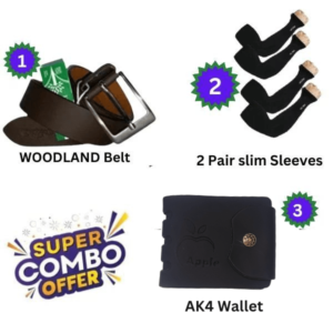 Combo :- Woodland Belt + AK4 Wallet+ 2 Pair Slim Sleeves ( Free :- Eye Cool Mask)